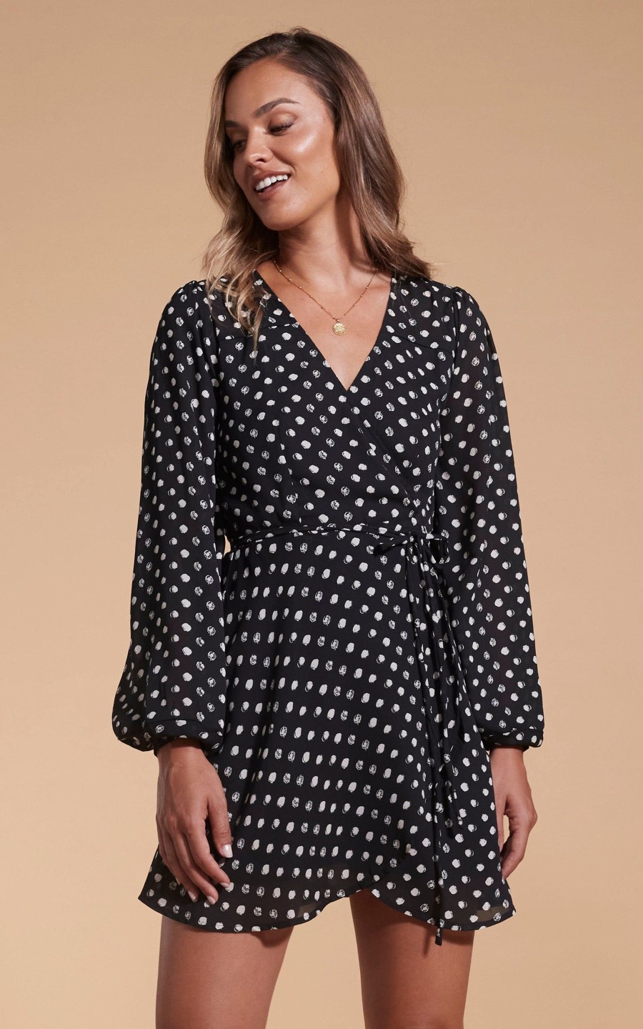 Women Dancing Leopard  | Ginger Mini Wrap Dress In Black Polka Dot